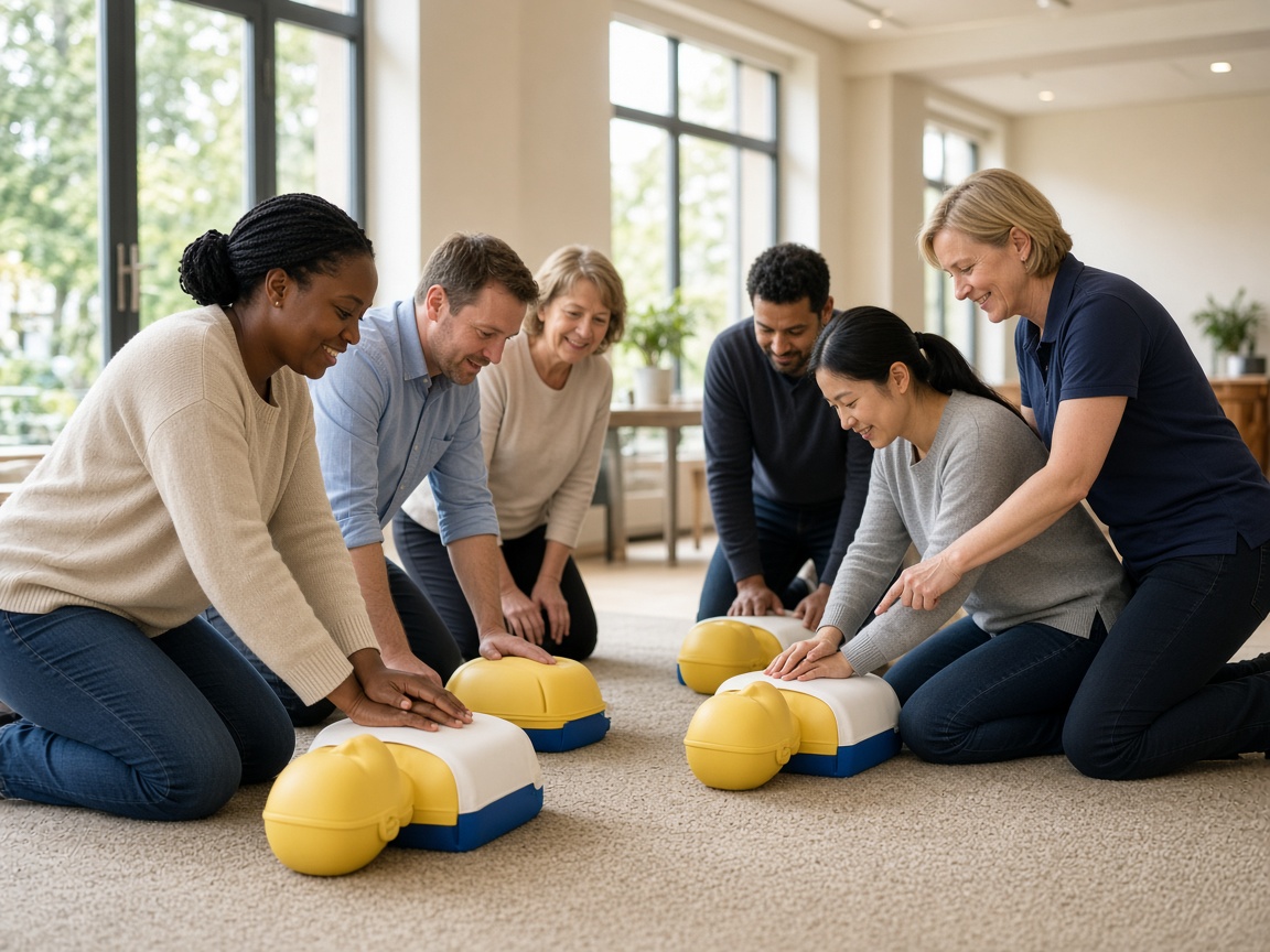 A small group practising CPR on training manikins with a friendly trainer in a bright training room