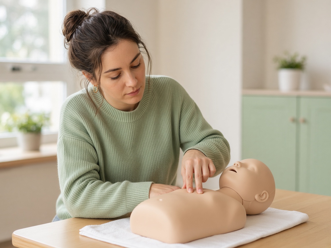 A parent practising infant CPR on a baby training manikin