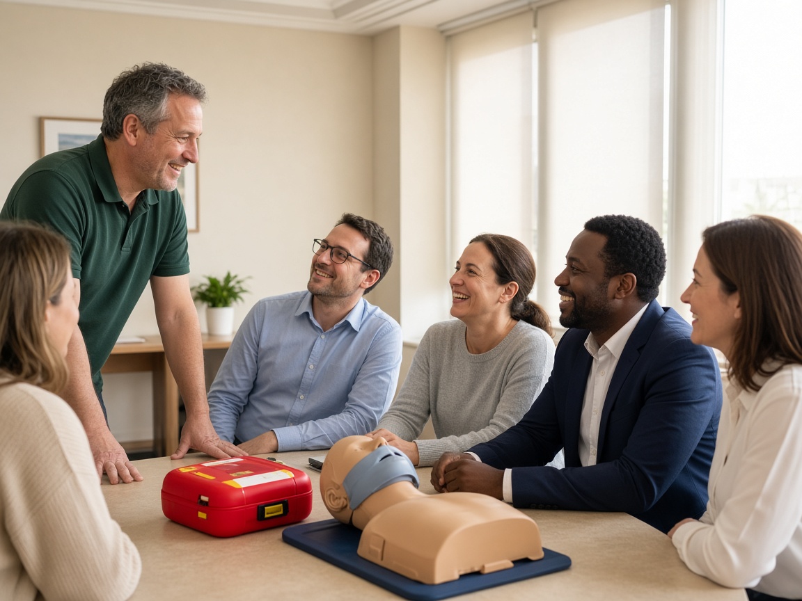 A smiling first aid trainer chatting with a small workplace group around a table with a training manikin and defibrillator
